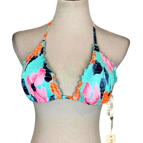 Seafolly Rio Shirred Slide Triangle Floral Ice Blue Bikini Top- Sz SF12/US8- NWT - Picture 1 of 9